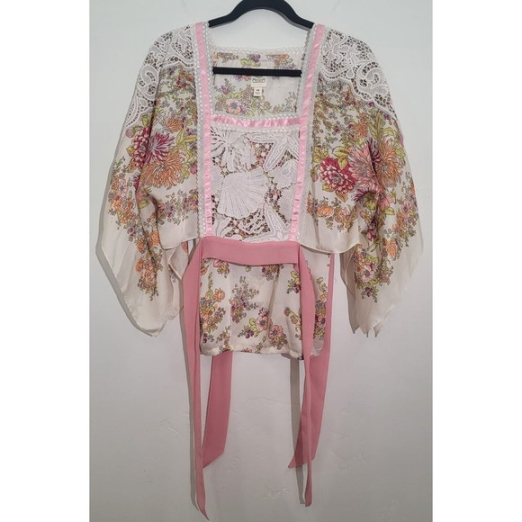 Tiny Anthropologie Side Tie Top Begonia Floral Blouse Square Neck Lace Kimono M - Picture 8 of 12